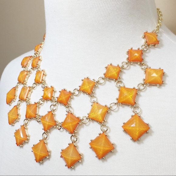 Orange Glitter Squares Large Necklace Earrings Set - Picture 3 of 3